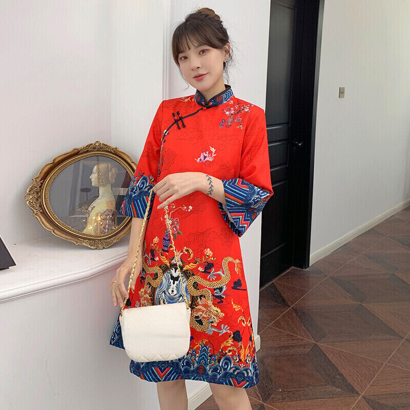 Fashion Chinese Cheongsam Line Dress Women Sleeve Qipao Traditional Clothes Gift