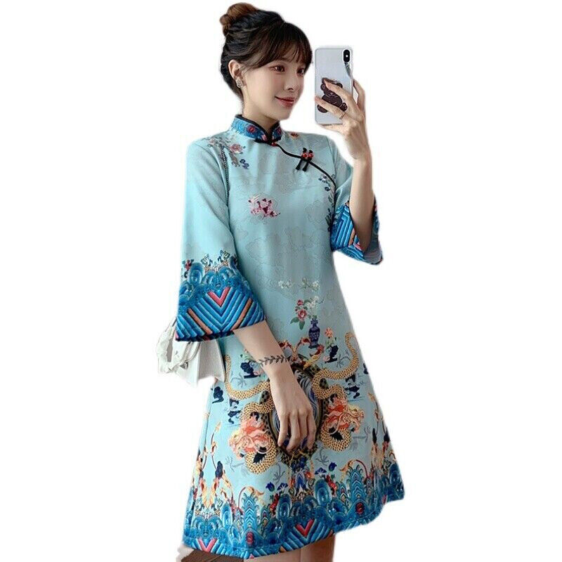 Fashion Chinese Cheongsam Line Dress Women Sleeve Qipao Traditional Clothes Gift