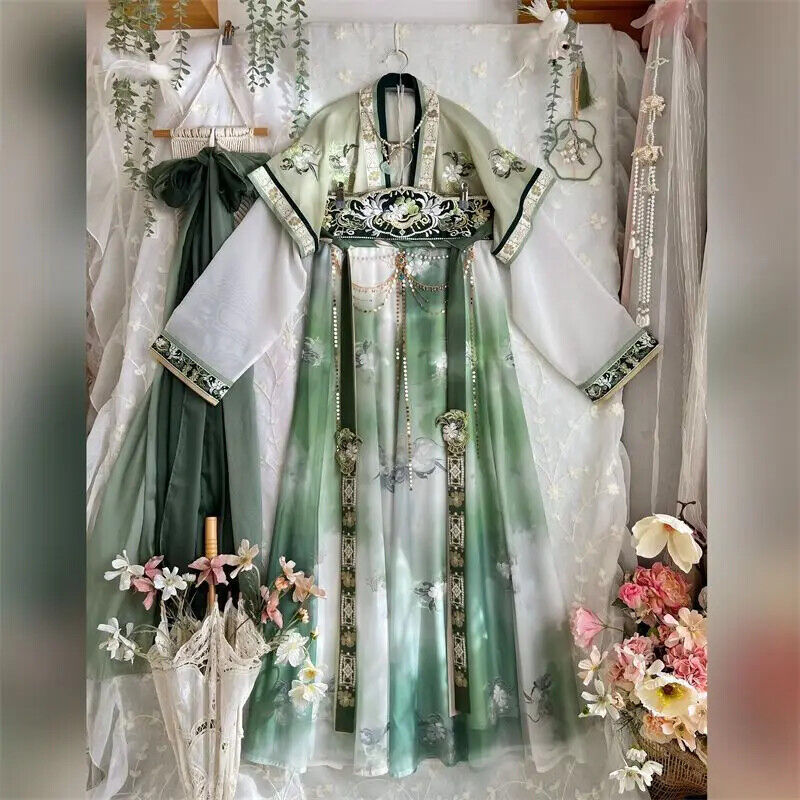 Women Green Hanfu Dress Chinese Traditional Embroidery Hanfu Cosplay Costume