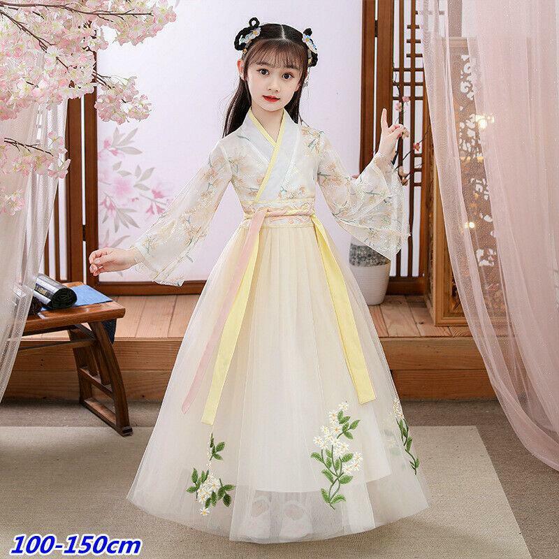 Kid Girl Chinese Floral Dress Embroidered Sheer Hanfu Tang Suit Ancient Clothes