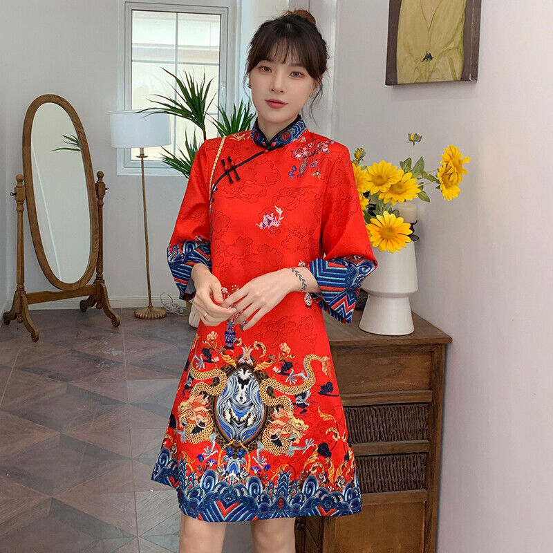 Fashion Chinese Cheongsam Line Dress Women Sleeve Qipao Traditional Clothes Gift