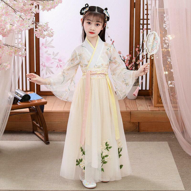 Kid Girl Chinese Floral Dress Embroidered Sheer Hanfu Tang Suit Ancient Clothes