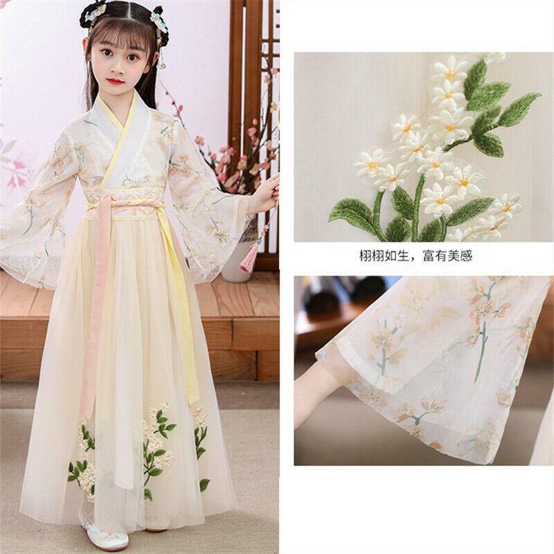 Kid Girl Chinese Floral Dress Embroidered Sheer Hanfu Tang Suit Ancient Clothes