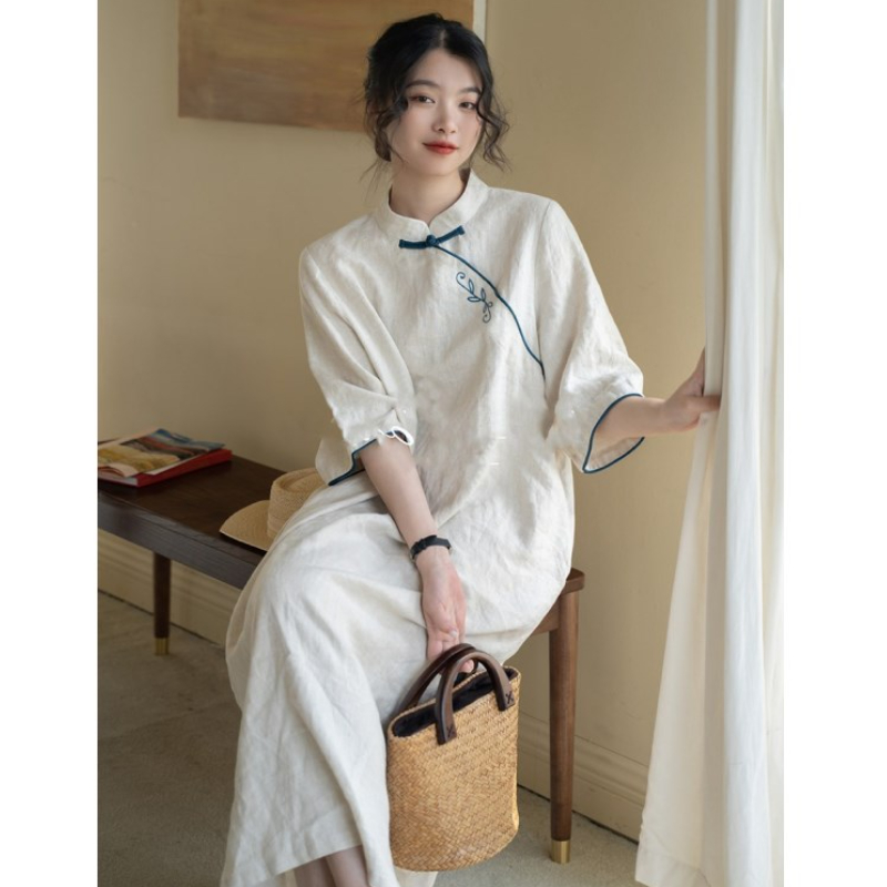 Women Chinese Style Qipao Hanfu Dress Mid-length Ethnic Cheongsam Short Sleeve