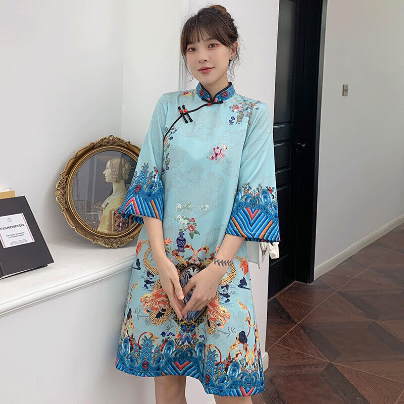 Fashion Chinese Cheongsam Line Dress Women Sleeve Qipao Traditional Clothes Gift