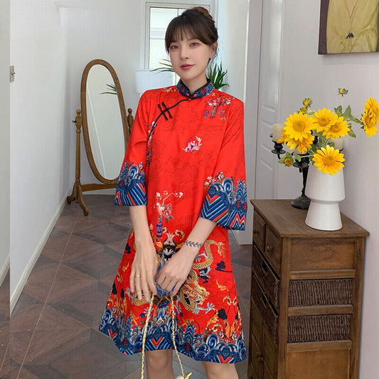 Fashion Chinese Cheongsam Line Dress Women Sleeve Qipao Traditional Clothes Gift